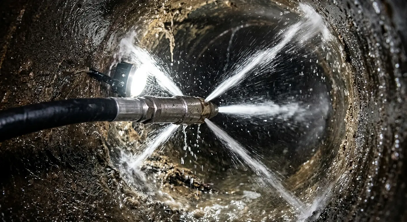 High-pressure hydro jetting nozzle cleaning sewer pipe for Trenchless Sewer Repair in Mattapoisett