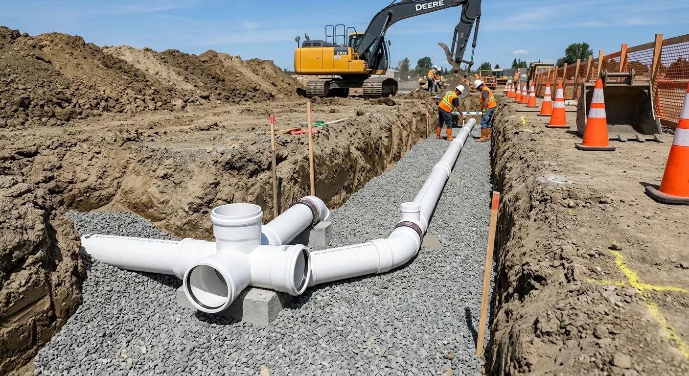 New PVC sewer pipe installation in open trench for Commercial Drain Cleaning in Mattapoisett