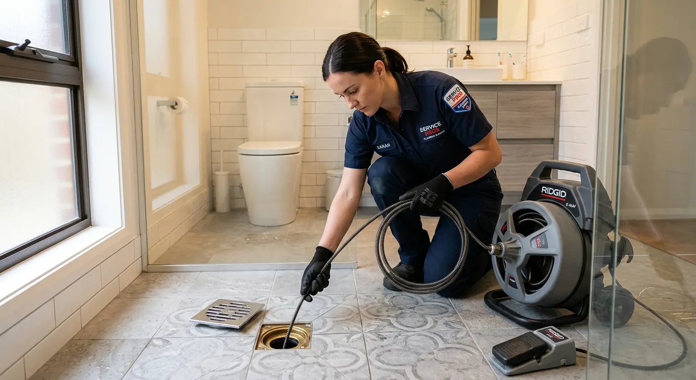 Technician clearing a bathroom floor drain for Clogged Drain Repair in Mattapoisett